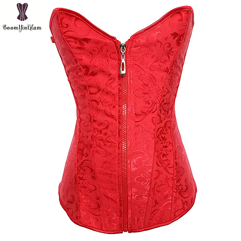 Red Floral Corset Top Front Zipper Closure Bustier Sexy Women Outwear