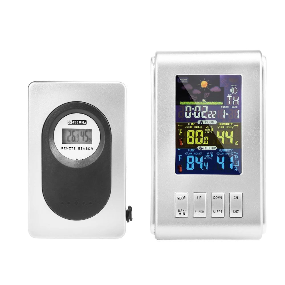

Wireless Weather Station Digital Clock Alarm Snooze Function Indoor Outdoor Temperature Humidity Silver Sensor LCD Display