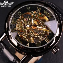 Черное Золото Ретро Мужские часы Скелетон Мужские Часы Роскошный Бренд Кожанный Ремешок Ручные Механические Мужские Часы