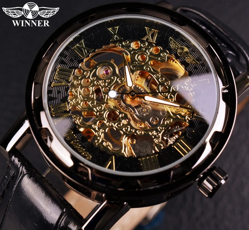 Achat Gagnant Noir Or Mâle Horloge Hommes Relogios Squelette Hommes Montres Top Marque De Luxe Montre En Cuir Montre Bracelet Hommes Montre Mécanique