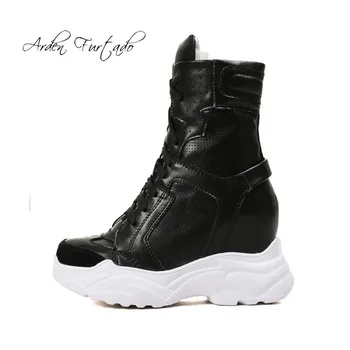 

Arden Furtado 2018 autumn fashion platform wedges ankle boots casual shoes woman high heels genuine leather round toe booties 32