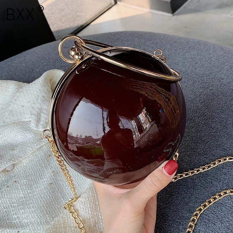 

[BXX] 2019 Personality Attractive Wine Red Color Single Chain Spliced Round Handle Circle Package Messenger Bag LM361