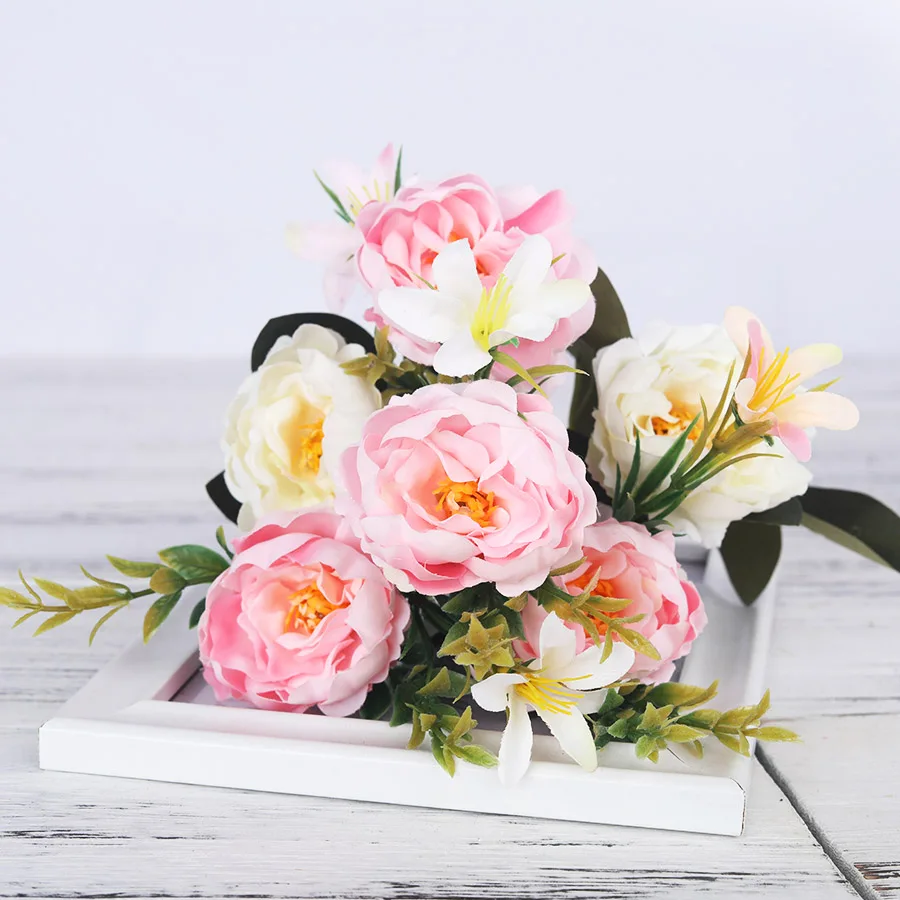 Искусственные пионы, цветы, Шелковый букет для свадебного украшения, дешевые маленькие искусственные цветы, домашний декор, сделай сам, высокое качество, сделано в Китае - Цвет: Pink