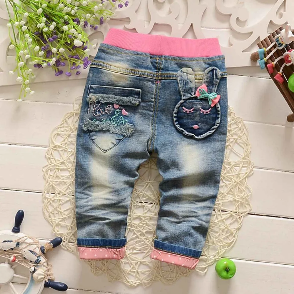 

Spring Autumn Roupas Baby Girls Hole Vintage Bow Rabbit Washed Denim Jeans Full Length Pants Pantalones Kids Trousers S2753