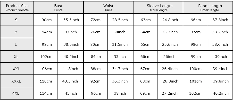 Muslim Swimwear Size Chart