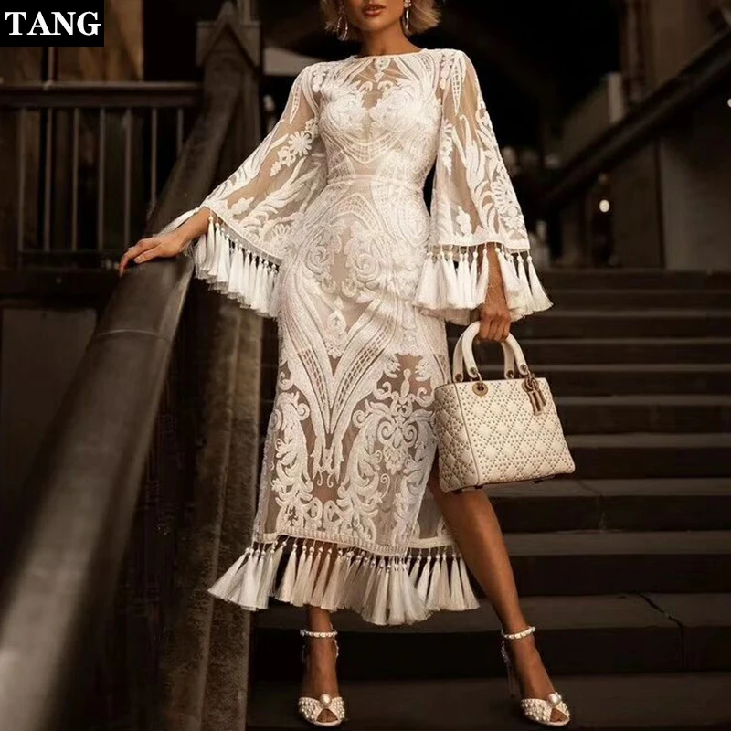 

TANG 2019 Summer White Perspective Hollow Out Dress Sexy Split Embroidery Long Sleeve Dresses Woman Party Night