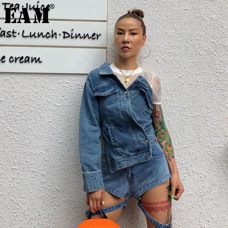 

[EAM] 2019 New Autumn Winter Lapel Long Sleeve One Shoulder Blue Denim Cool Irregular Jacket Women Coat Fashion Tide JW749