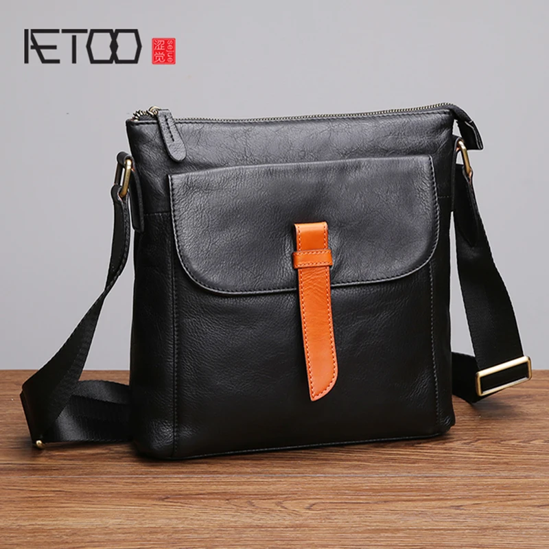 

AETOO Trend men's singles shoulder bag leather fashion Leisure Day oblique span package vertical head layer cowhide men's bag