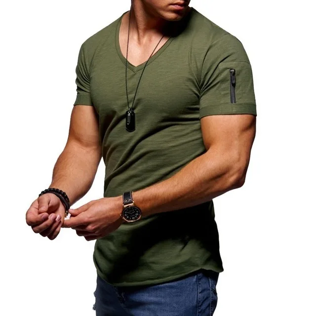 Новая мужская футболка с v-образным вырезом Фитнес Бодибилдинг Футболка Высокая уличная летняя с коротким рукавом молния Повседневный хлопковый топ - Цвет: Армейский зеленый