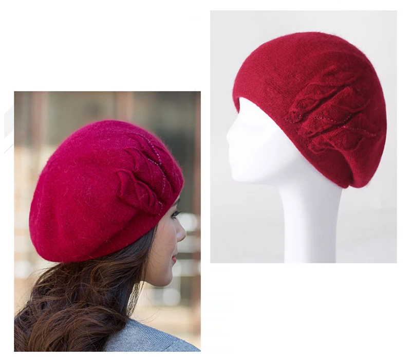 Angora Beanie Women Winter Hat Warm Knit Cap Beret Headwear Double Layer Casual Soft Classic Thermal Snow Outdoor Accessory (17)