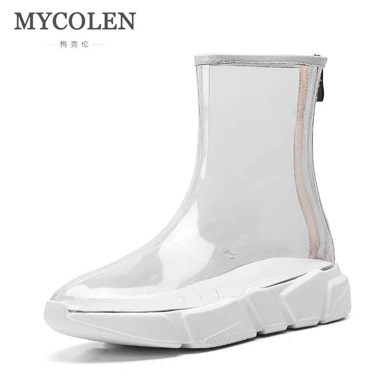 

MYCOLEN 2018 New Arrivals Autumn Transparent Ankle Boots Women Thick Heels Clear Fashion Boots Lady Comfortable Chelsea Boots