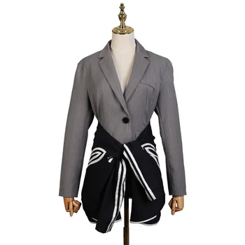 

Woman striped suit two-piece suit