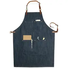 Blue Brown Denim Apron w/Leather Strap Barista Cafe Chef BBQ Baker Bartender Uniform Florist Barber Carpenter Work Wear XL K47