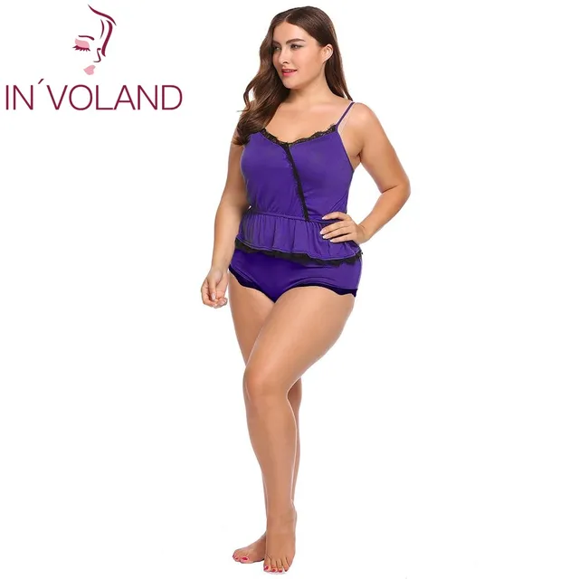 IN’VOLAND Full Size Women Sleepwear Pajama Set L-4XL Lounge Lace Trim Ruffles Hem Patchwork Large Cami Shorts Nightwear Big Size