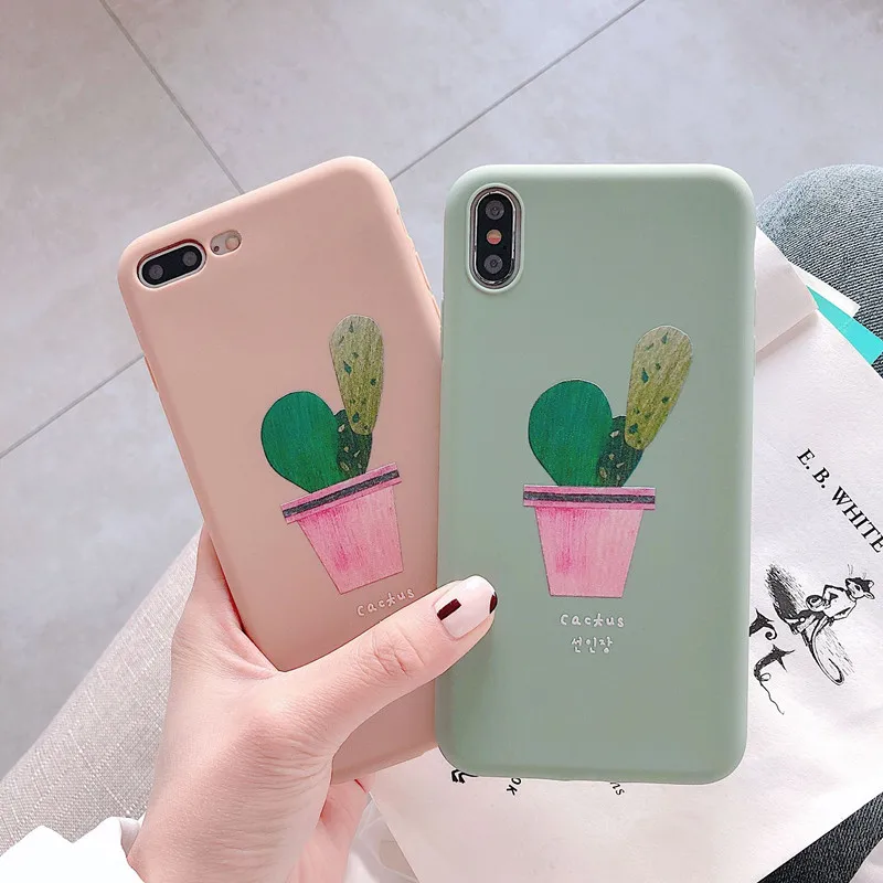 Summer Cactus Art Korea Phone Case For iPhone 6 6S 7 8 Plus Matte Silicone Cases for X XS Max XR Couple Back Cover Coque | Мобильные