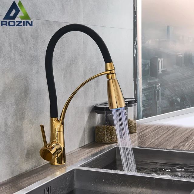 Best Quality Golden Kitchen Faucet LED Light Bathroom Kitchen Mixer Tap Pull Down Hot Cold Water Tap with Bracket Color Changing Spout