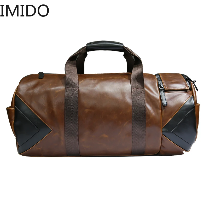 

IMIDO Brand Retro Brown Bucket Travel Bags Large Crazy Horse PU Leather Handbags Shoulder Bag Men Business Luggage Bag Luxury