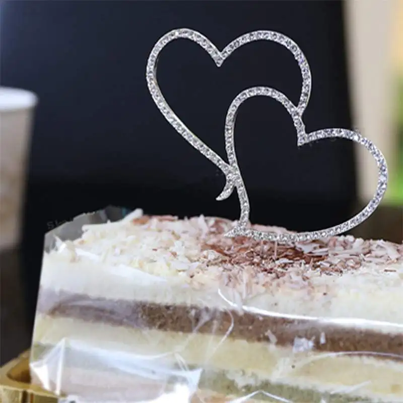 

1pcs New Romantic Cake Topper Romantic Crystal Rhinestone Silver Double Heart Cake Topper Wedding Decoration New Year Decor