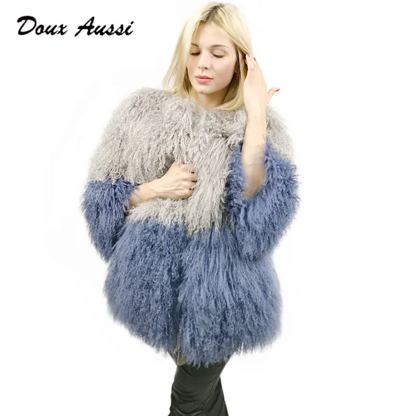 DOUX AUSSI Mongolian Sheep Fur Coats Women Autumn Double Colors Three
