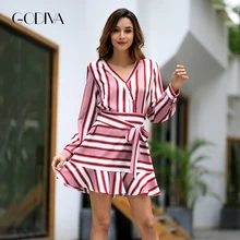 2019 Spring Striped Patchwork Dress Women Long Sleeved V-Neck Ruffles Hem Sashes Dress Office Lady Dresses women's clothing 2019 Spring Striped Patchwork Dress Women Long Sleeved V-Neck Ruffles Hem Sashes Dress Office Lady Dresses women's clothing