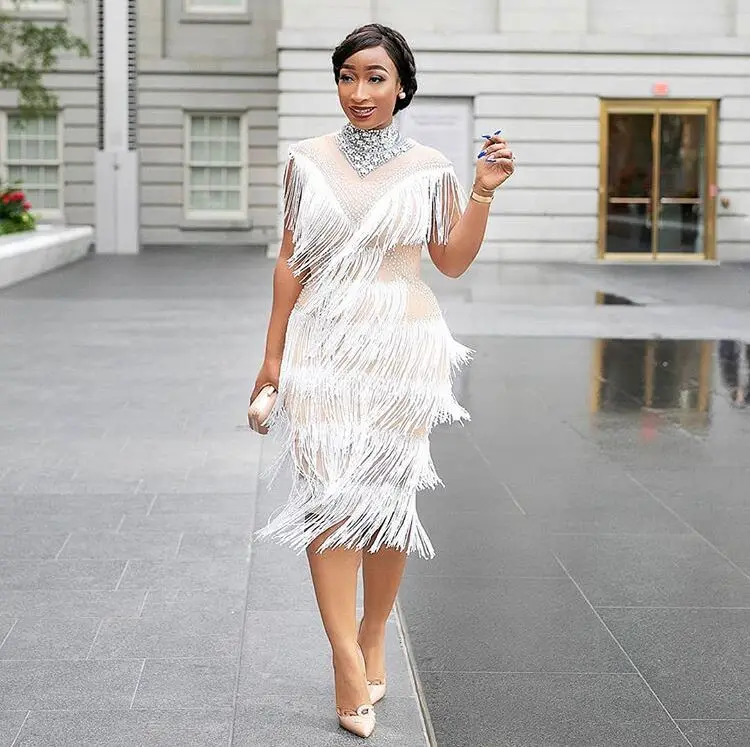 

High Quality Sexy Women Dress O-Neck Diamonds Tassel Rayon Dress Homecoming Evening Party Fashion Dress