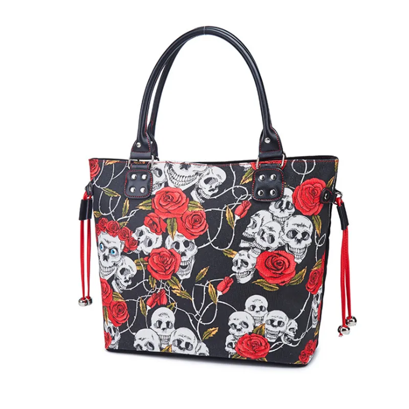 

Women Rock Style Handbag Skeleton Bones Skulls Bags Punk Casual Tote Zipper Chain Female Motorcycle Floral Print Shoulder Bag