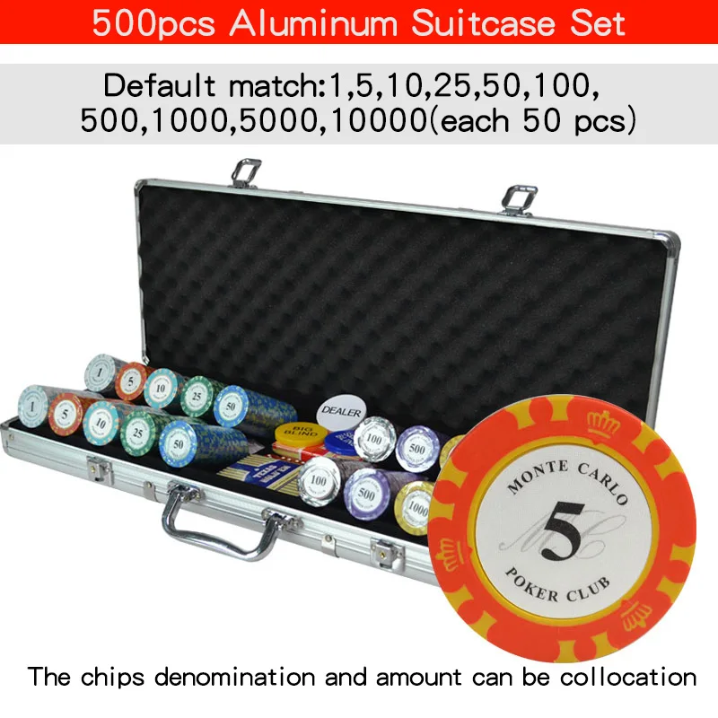 100200300400500 казино Техасский глиняный покерный чип наборы Pokers Алюминиевый Чемодан с игральными картами и кубиками и дилером - Цвет: 500pcs silver box