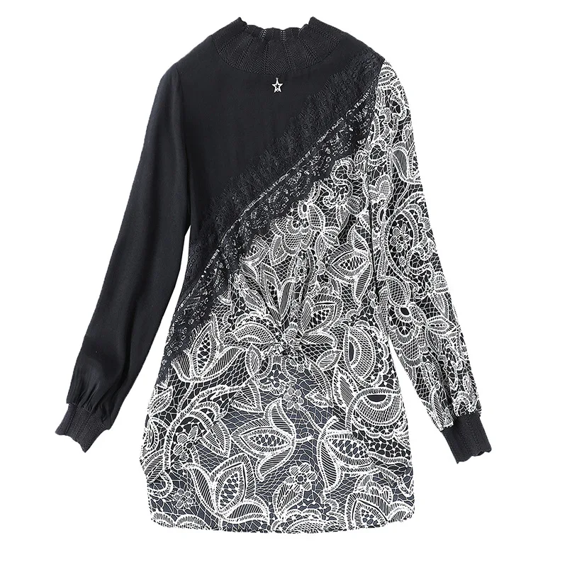 Ladies Long Sleeve Loose Chiffon Blouse 2019 Spring WYG New Unique Designes Black Lace Patchwork Irregular Vintage Blouses Tops