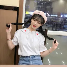 На шнуровке вышивка любовь сердце Сейлор Воротник модная Униформа Kawaii Лолита милая девушка футболка Студенческая футболка корейский женский летний