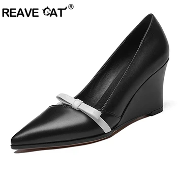 

REAVE CAT Shoes woman High heels Women pumps Wedges Pointed toe Bowtie Shallow Fashion Sexy Female mujer Spring summer Hot A1581