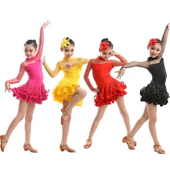 2015 new Sexy Latin dance clothes Lace Long Sleeve Sequin Girls Kids Ballroom Dresses Tango Salsa Latin Dance Dress for Children