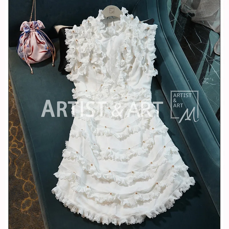 

Svoryxiu Elegant Style ~Designer Summer Party White Sleeveless Mini Dress Women's High End Cascading Ruffle Holiday Dresses