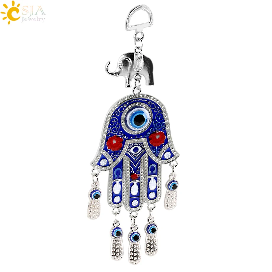 CSJA Fatima Hamsa Hand Pendants Turkey Blue Evil Eye Beads Metal Wall