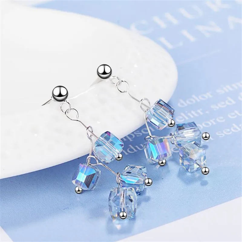

Creative Aurora Cube Long Artificial Crystal Wave 925 Sterling Silver Jewelry Temperament Compact Square Dangle Earrings SE622