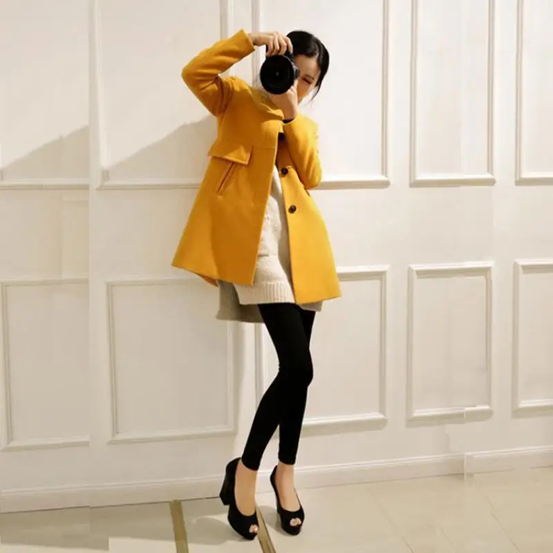 Billig Neue 2019 Frühling Herbst Plus Größe Wolle Mantel Frauen Lose A aline Lange Ärmeln O ansatz Mittel Lange Schwarz Gelb koreanische Mantel Casacos