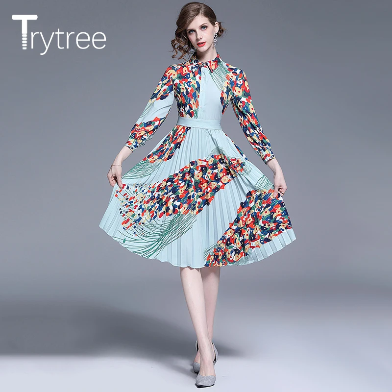 

Trytree Summer Autumn Print Shirt Dress women dresses Blue Turn-down Collar A-Line Knee-Length Single-Breasted Casual Dress