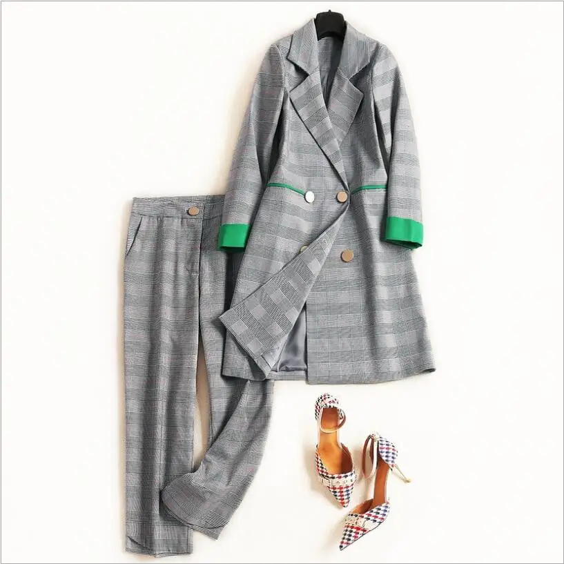 Plus size Long blazer Coat Pant Suits Women Plaid Office Business Suits Formal Work Wear Sets