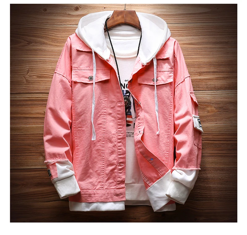 Мужские wo мужские новые весенние поддельные две части сшитые розовые рваные с капюшоном джинсовые куртки хип хоп Swag свободные с дырками повседневные пальто - Цвет: Розовый