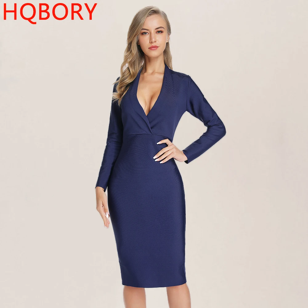 

Draped Deep V Neck 2019 New Arrivals Navy Blue Long Sleeve Bodycon Sexy Women's Autumn And Winter Slim Club Bandage Dress