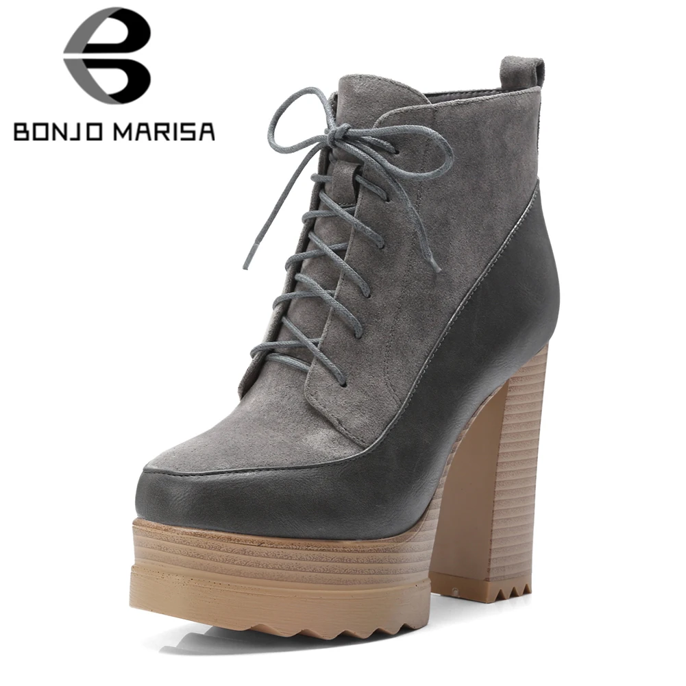 

BONJOMARISA 2018 Winter New Fashion Patchwork Thick Platform Ankle Boots Women lace-up Super High Heels Shoes Woman