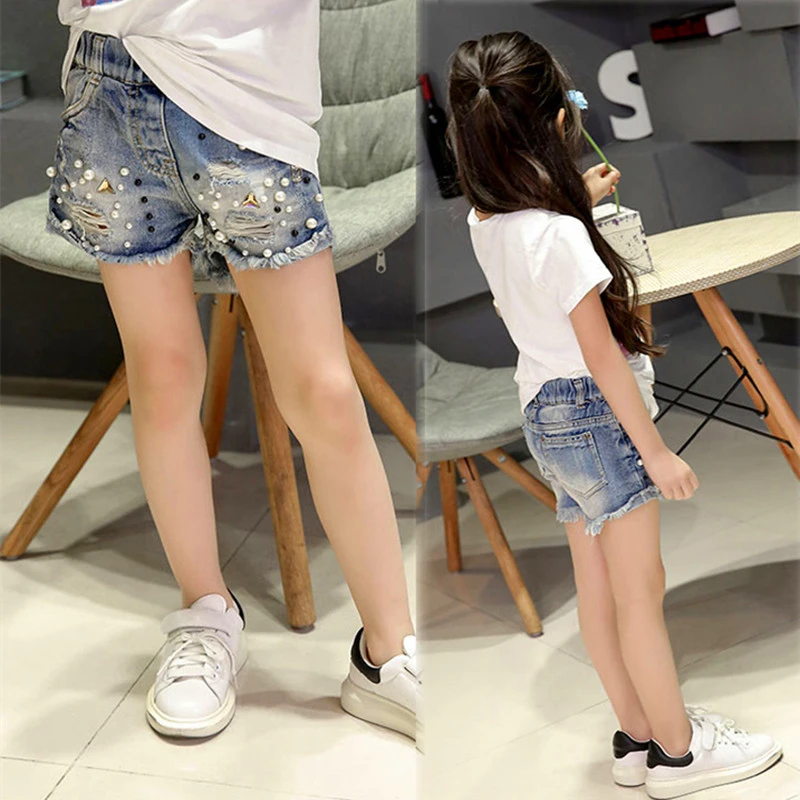 

2019 New Children denim shorts, Summer girl's denim shorts water wash hole pearl cowboy pants big girl denim short pants.