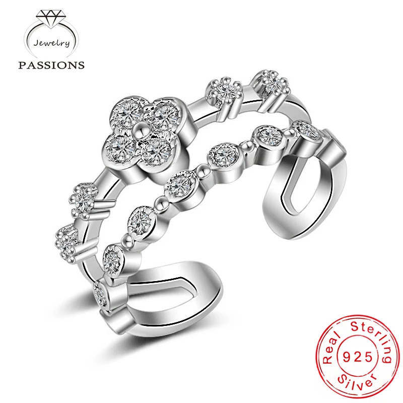 

Newest Romantic Lucky Clover 925 Sterling Silver Rings Adjustable Rings Cubic Zirconia Double Layers Ring For Women Jewelry Gift