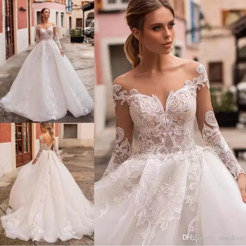 

Naviblue Princess Wedding Dresses Scoop Neck Long Sleeve Lace Bridal Gowns Saudi Luxurious Custom Made A-Line Wedding Dress