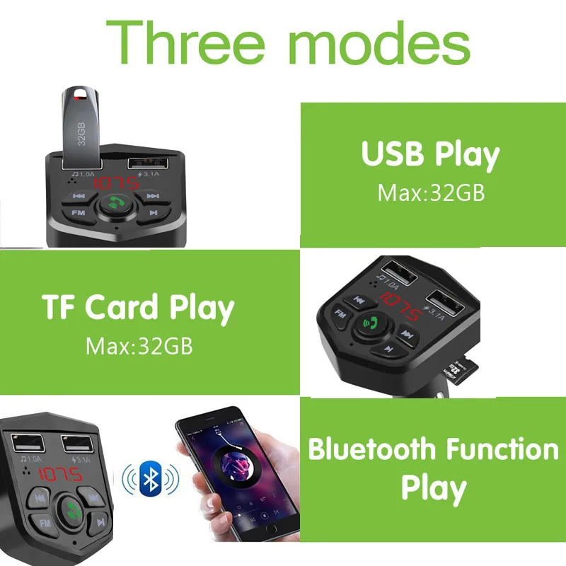 USB AUX FM Transmitter Bluetooth 5.0 Handsfree Car Kit 3.1A Quick Dual USB Charger LCD Digital Voltmeter TF Card Player