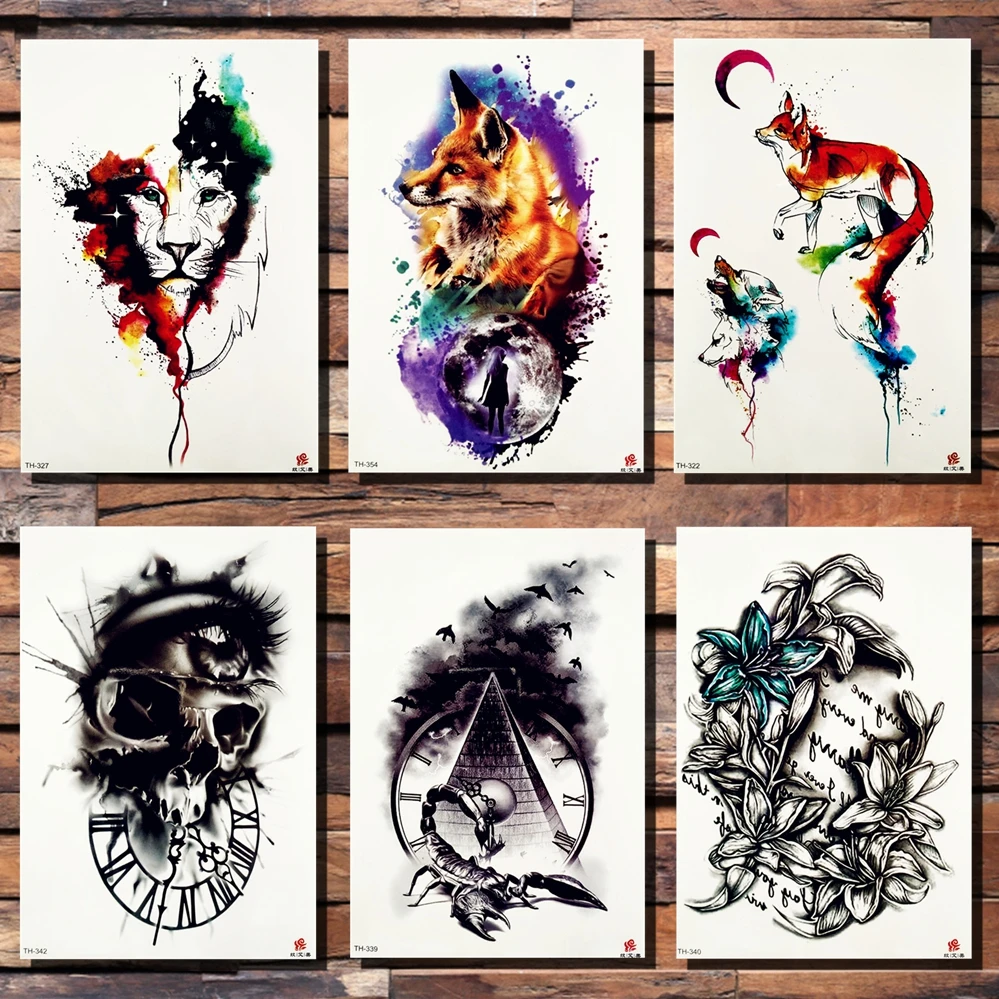 

FANRUI Lion Fox Skull Temporary Tattoo Sticker Colorful Moon Clock Tower Waterproof Tattoos Body Art Arm Men Fake Tatoo Scorpion
