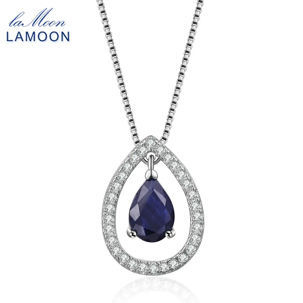 LAMOON 5X7mm Teardrop 100% Real Blue Sapphire 925 Sterling Silver Chain Pendant Necklace Jewelry S925 LMNI059