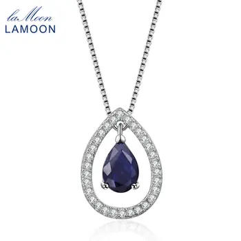 LAMOON  5X7mm Teardrop 100% Real Blue Sapphire 925 Sterling Silver Chain Pendant Necklace Jewelry  S925 LMNI059