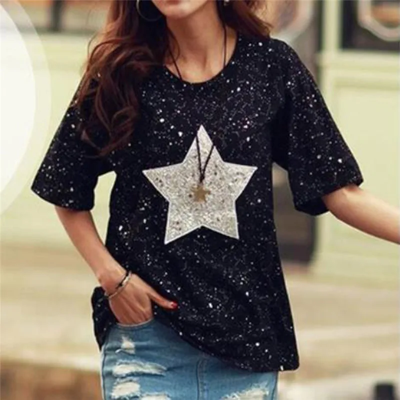 

Fashion Women Tops Short Sleeve O-neck Cotton Tees Star Polka Dot Printed T Shirt Summer Rhinestone Camisetas Mujer