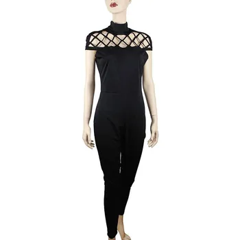 

2017 Hot Sale Summer Fashion Womens Choker High Neck Caged Sleeve Jumpsuits with Bandage Long Solid Sexy Casual Female Bodysuits