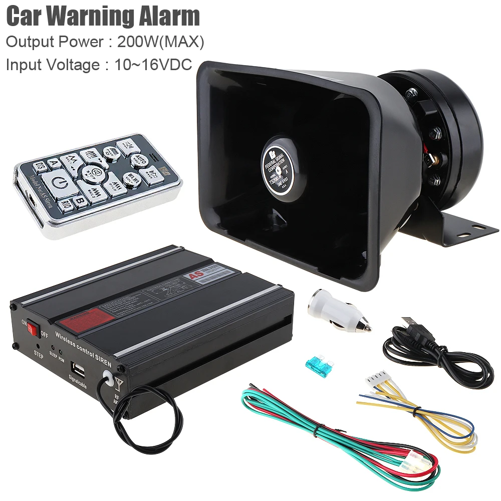 12V 200W 18 Tone Hands Free Loud Car Warning Alarm Remote Control Siren